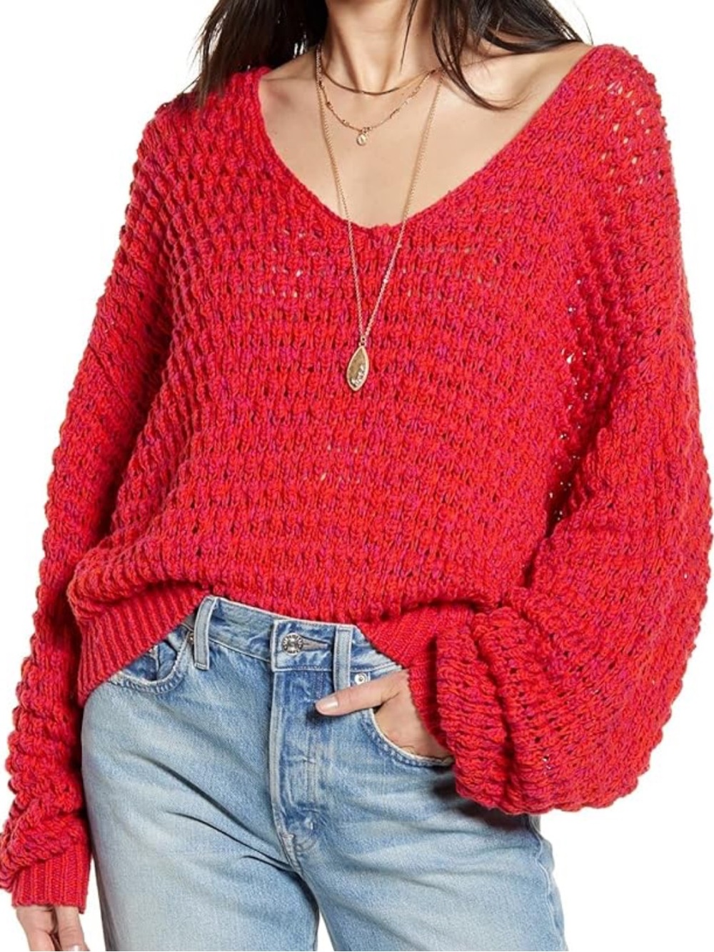Free People V-Neck Chunky Knit Sweater in Bright Red